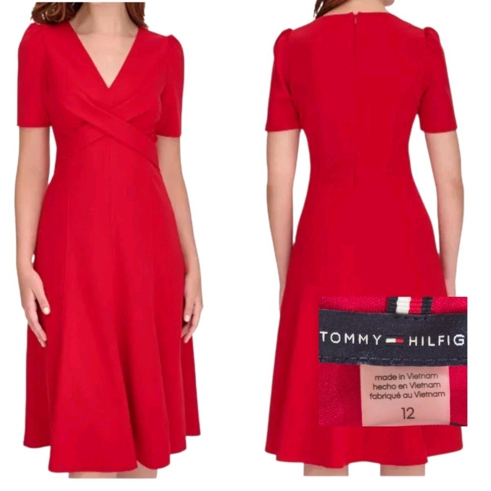 Tommy Hilfiger Women's Red Crisscross Fit & Flare Midi Dress Size 12 Scuba Crepe